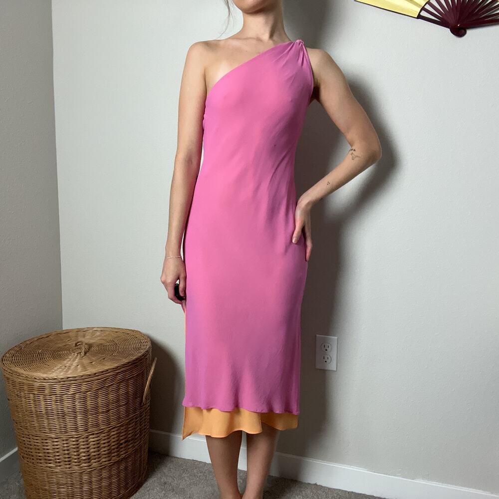 y2k vintage express pink orange layered silk one shoulder bias midi dress
